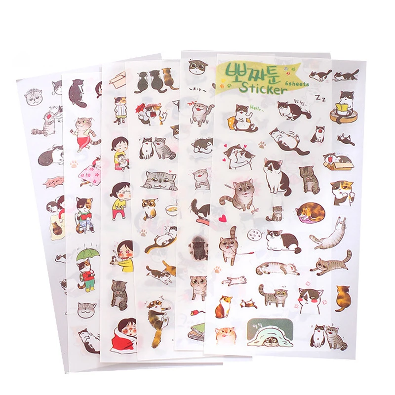 6 Sheets/pack Kawaii Cat Stickers DIY Scrapbooking Planner Notebook Journal Decorations Japanese Stationery Office Supplies