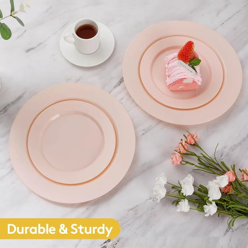200PCS Disposable Pink Plastic Plates, Heavy Duty Disposable Plates with 100 10.25 inch Plastic Dinner Plates
