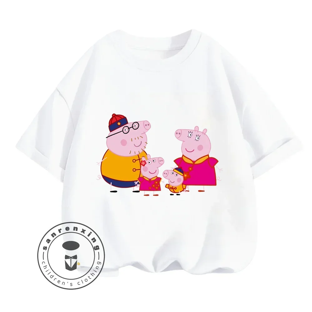 2024 Children Summer Peppa Pig Animated Cartoon Character Print Design O-neck Loose Version Type and Sporty Short Sleeve T-shirt 3