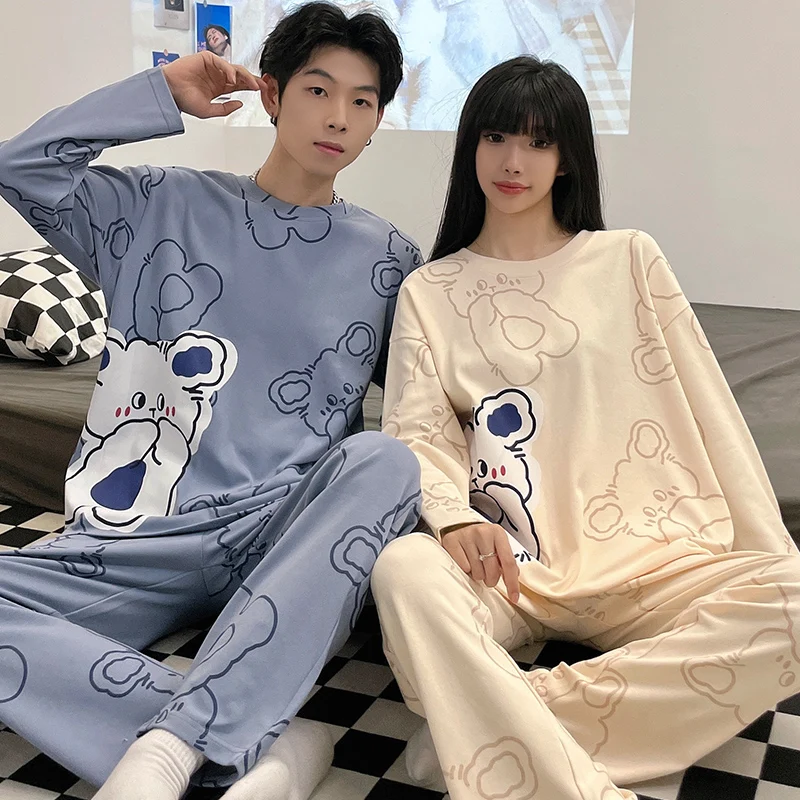 Cartoon Cute Bear Cotton Couples Nightwear Spring Long Sleep Top Pant Pajamas Set Women Matching Homewear Home Clothes Freeship