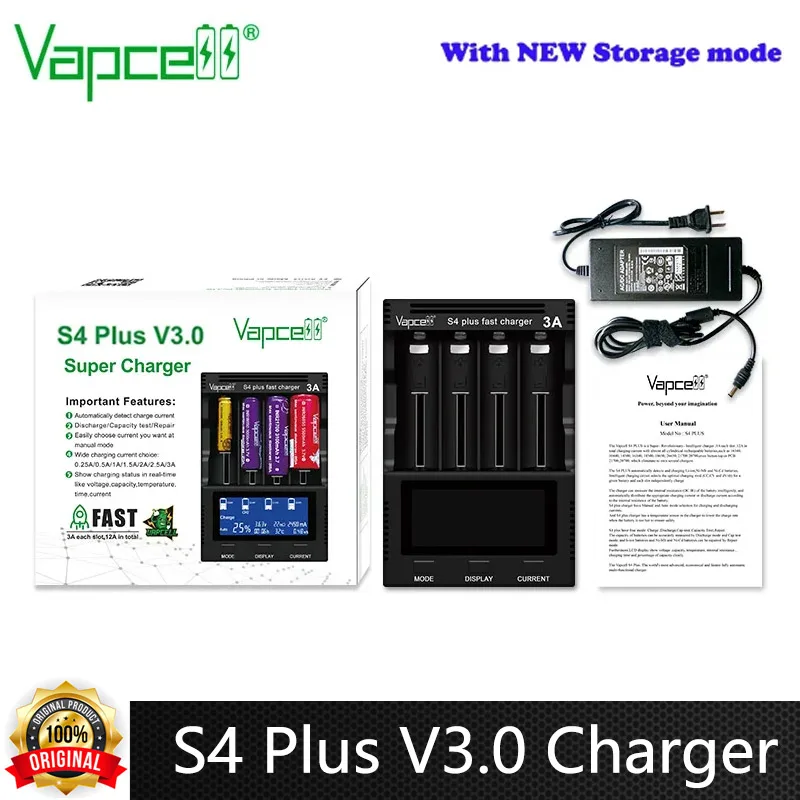 

Original Vapcell S4 Plus V3.0 Fast Charger 4 Slots Max 3A Per Slot Battery Charger OLED Display for 18650 20700 21700 Battery