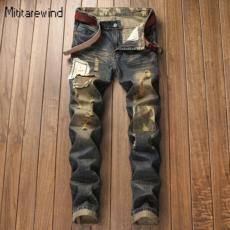 

Washed Distressed Ripped Jeans Men High Street Causal Denim Pants Design Embroider Patch Straight Jeans Fashion Y2k Streetwear