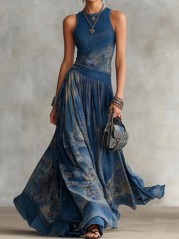 Sleeveless Fashion Holiday Print Patchwork Casual Party Dress Women's Summer Elegant O-Neck Maxi Dress Streetwear Vestidos 2026 1