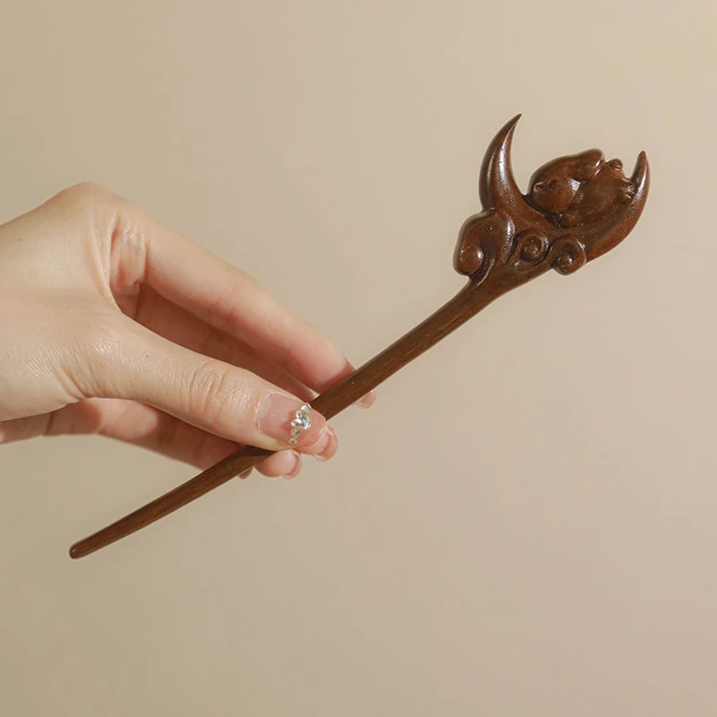 Chinese Style Vintage Wooden Rabbit Cat Moon Carved Chopsticks Hair Stick Hairpins Hanfu Headwear Women Girls Hair Accessory