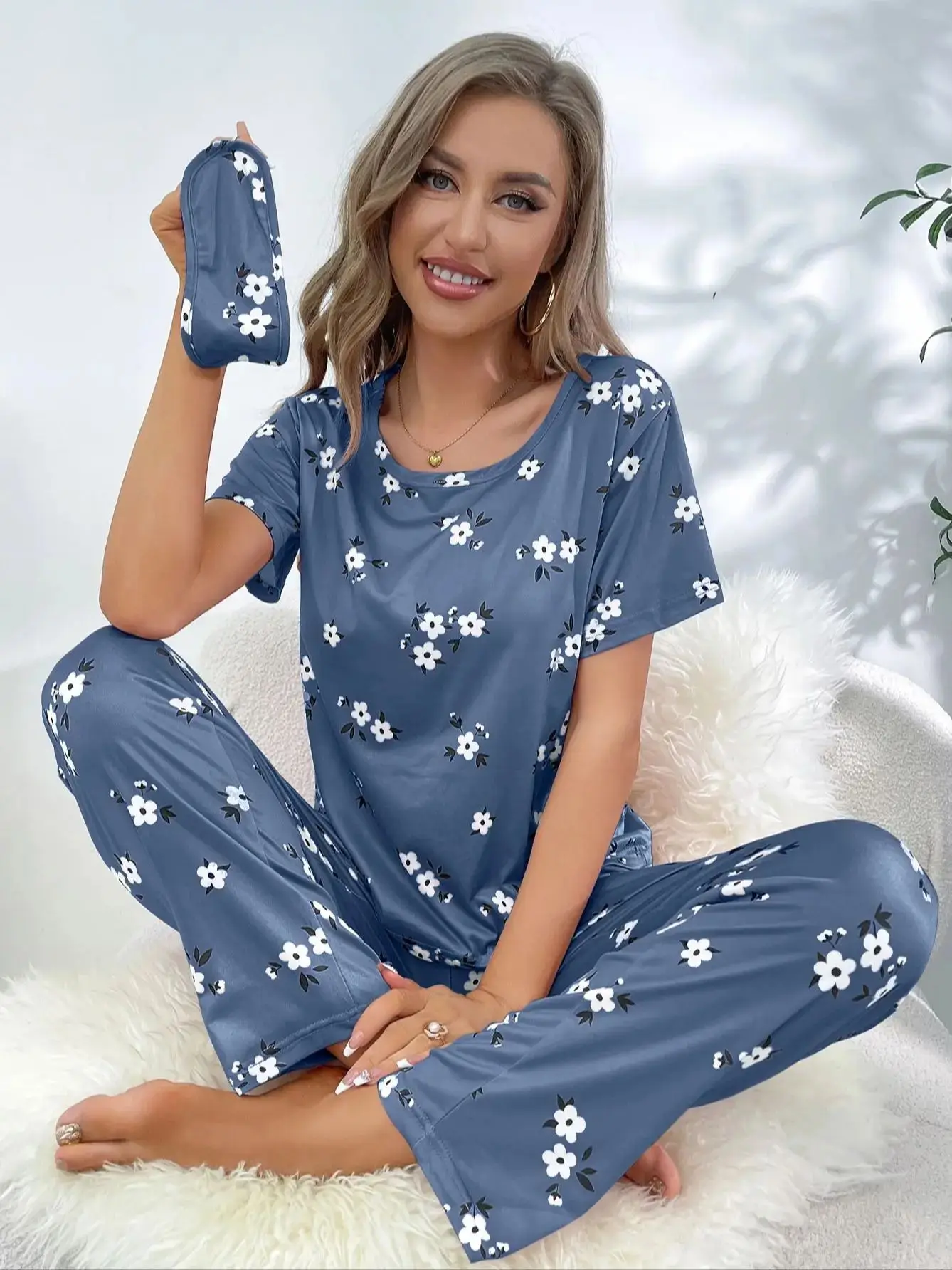 Pigiama Donna Cotone 2 Pezzi - Girocollo Maniche Lunghe Con Fantasia Floreale - Comodo Per Dormire E Relax, Taglia XL (Blu Scuro)