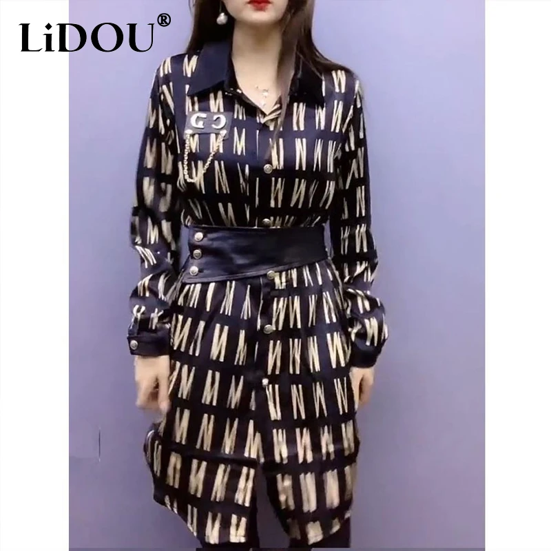 2023 Spring Autumn New Fashion Turn-down Collar Long Sleeve Button Shirt Women Vintage Letter Printing Chain All-match Blouse