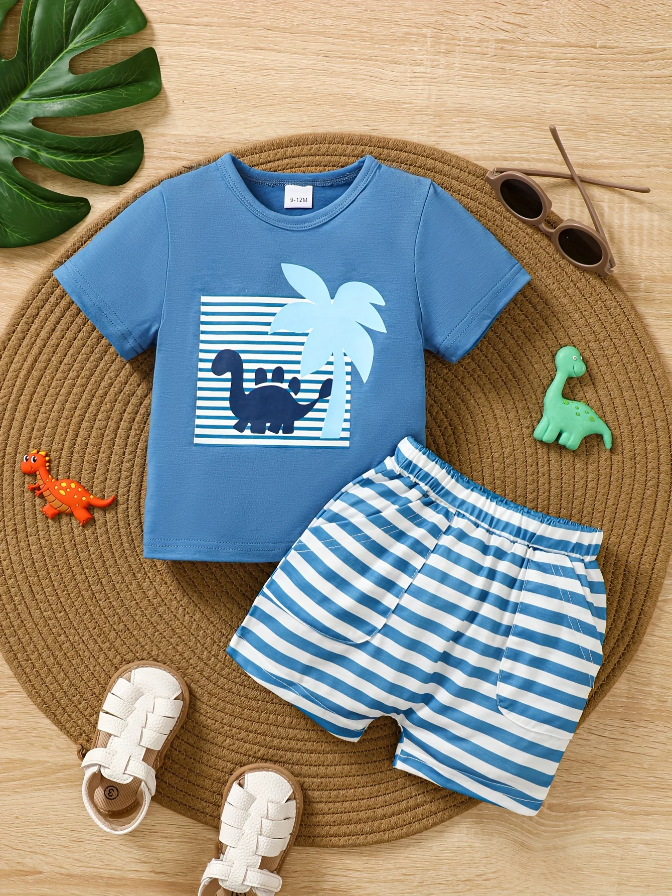Fashion Summer Baby Boy 2PCS Outfit Dinosaur Print T-Shirt & Striped Shorts Casual Set for Toddler Newborn 0-3Y Casual Wear 1