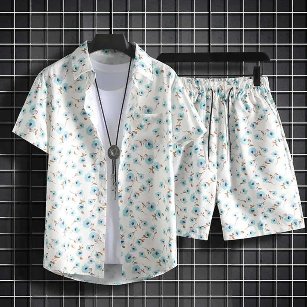

Men Summer Outfit Men's Summer Hawaiian Print Shirt Shorts Set with Elastic Waist Pockets Casual Beach for Men for Vacation