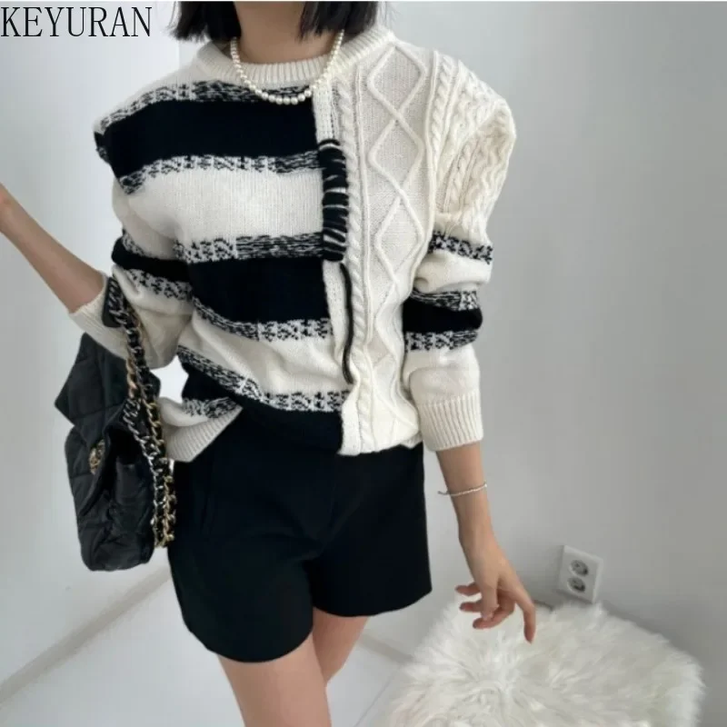 

2023 Autumn/Winter Chic Striped Knitted Sweater Pullover Women korean Lazy Style Casual O-Neck Long Sleeve Knitwear Tops Jumper
