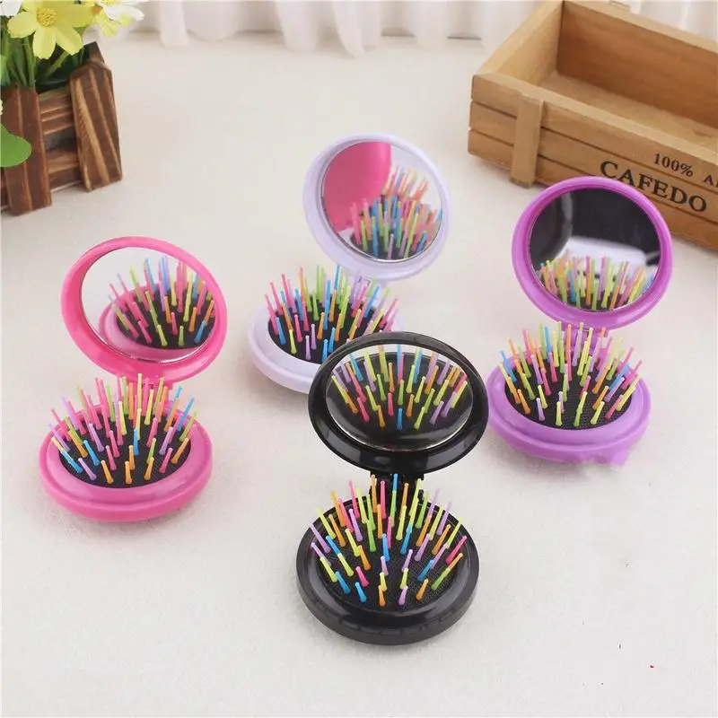 Travel Round Folding Hair Brush with Mirror Handbag Purse Compact Pocket compact mirror bulk circular shaped pocket mirror makeup mirror for handbag folding purse mirror 24 pack and pattern