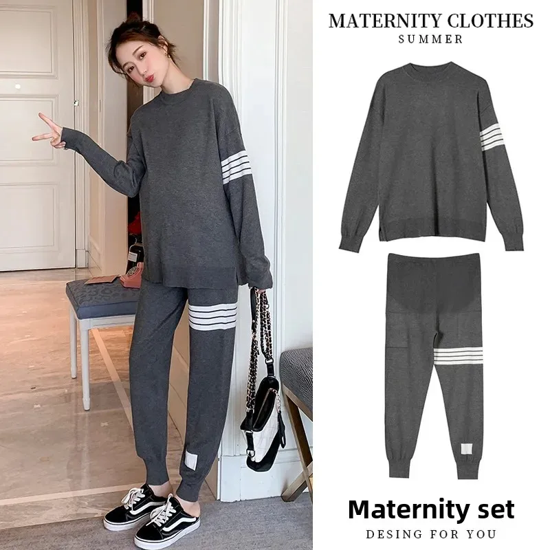 Fashionable Autumn Pregnancy Outfits Korean Style Sweater Two-Piece Set Trendy Maternity Clothing Winter Wear