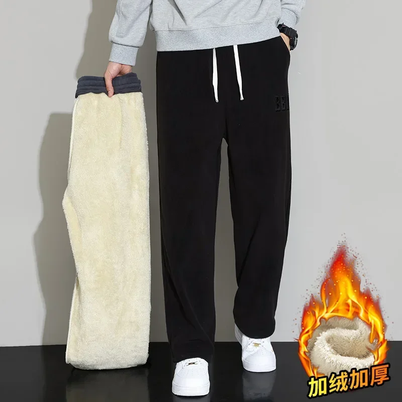 Winter Men's Fleece Embroidered Slacks Multifunctional Outdoor Windproof Cargo Pants Men's Warm Straight-leg Trousers