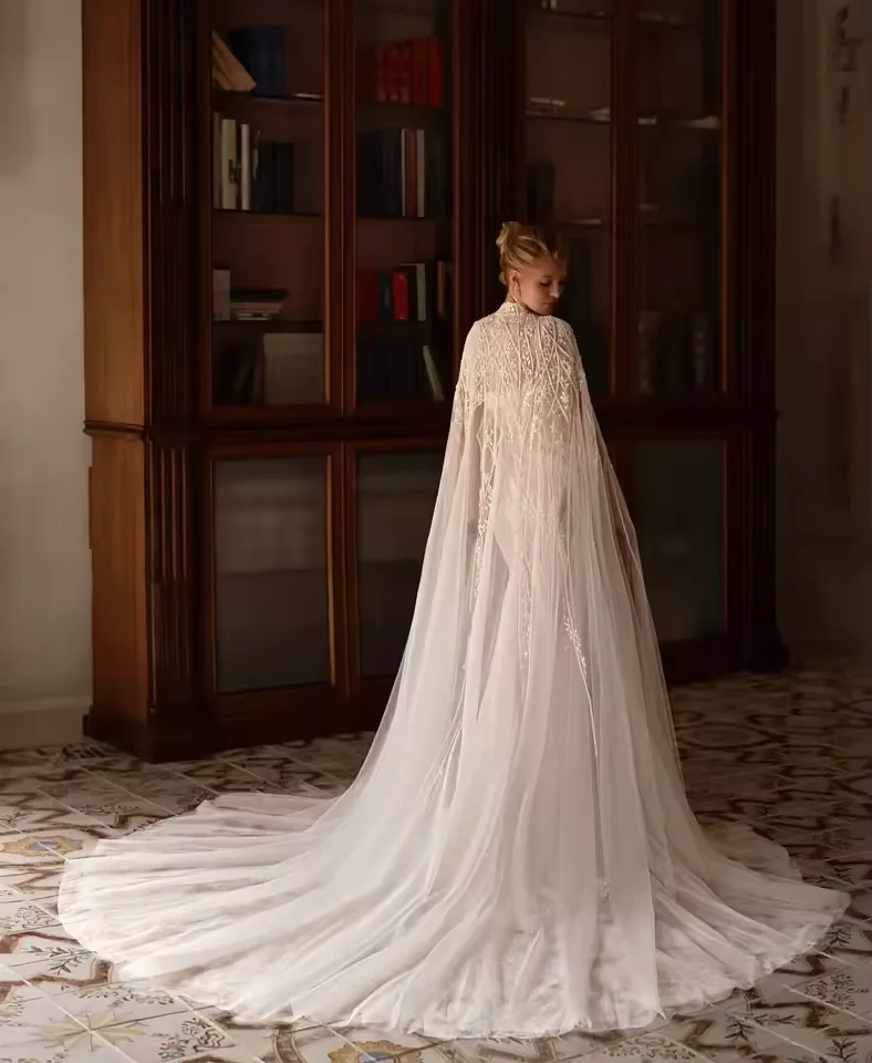 Lqq Customized robe de marie Sparkling Beaded Lace Wedding Dress With Cape  Elegant Mermaid Long Bridal Gown vestidos de novia - AliExpress 320