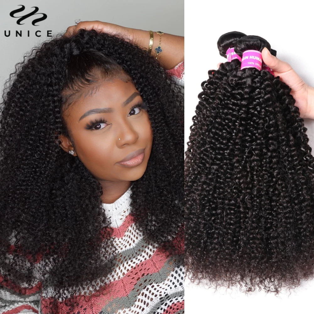 UNice Kinky Curly human hair extensions human hair for braiding Human Hair Bundles 3PCS Deal 100Gram Per Bundle Natural Color Sew In Quick Weave Full Bundles for Women