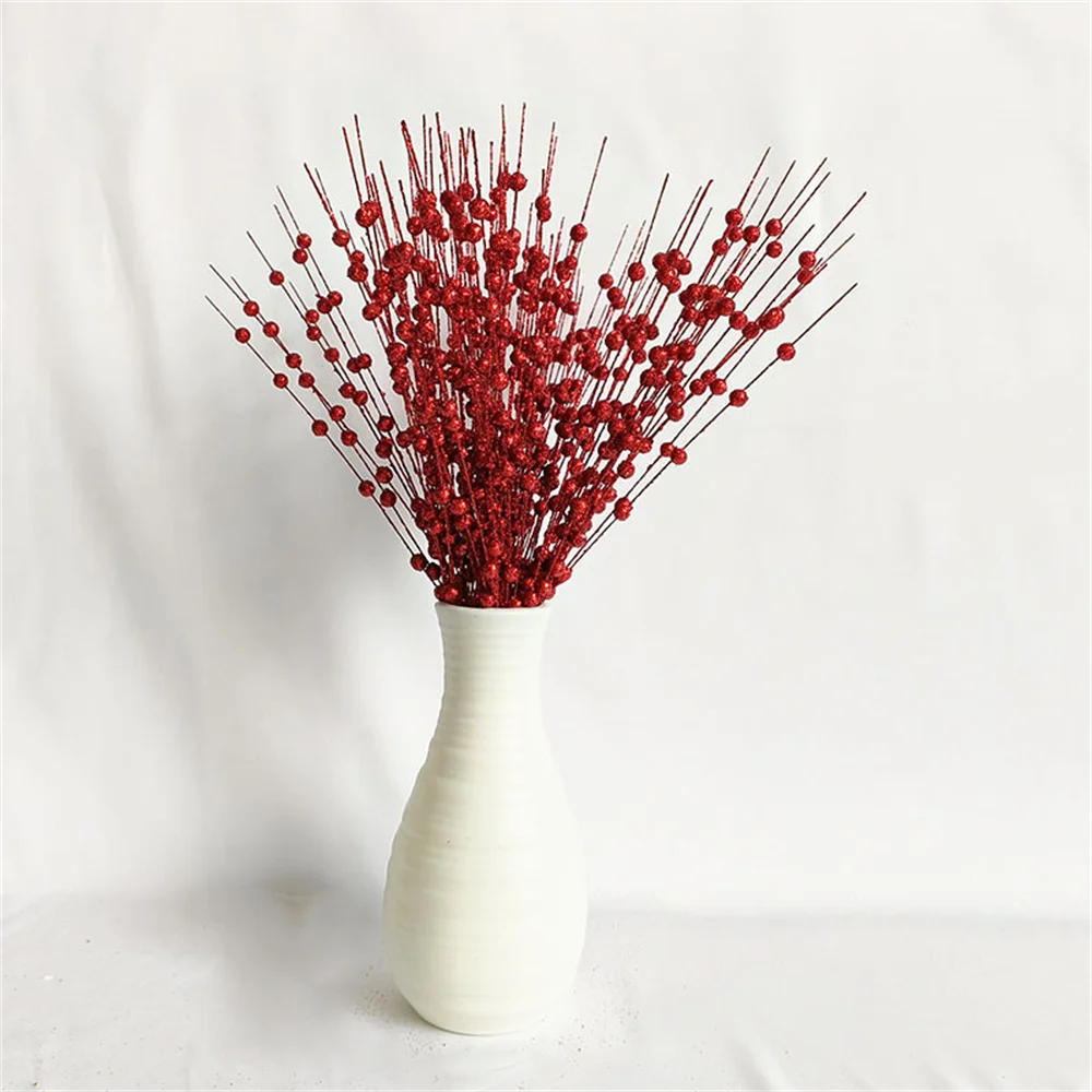 12forks Glitter Berry Leave Christmas Tree Decoration Dried Branch Coral Golden Powder Flower Source Material New Year Party 1pc christmas tree ornaments christmas house ornaments