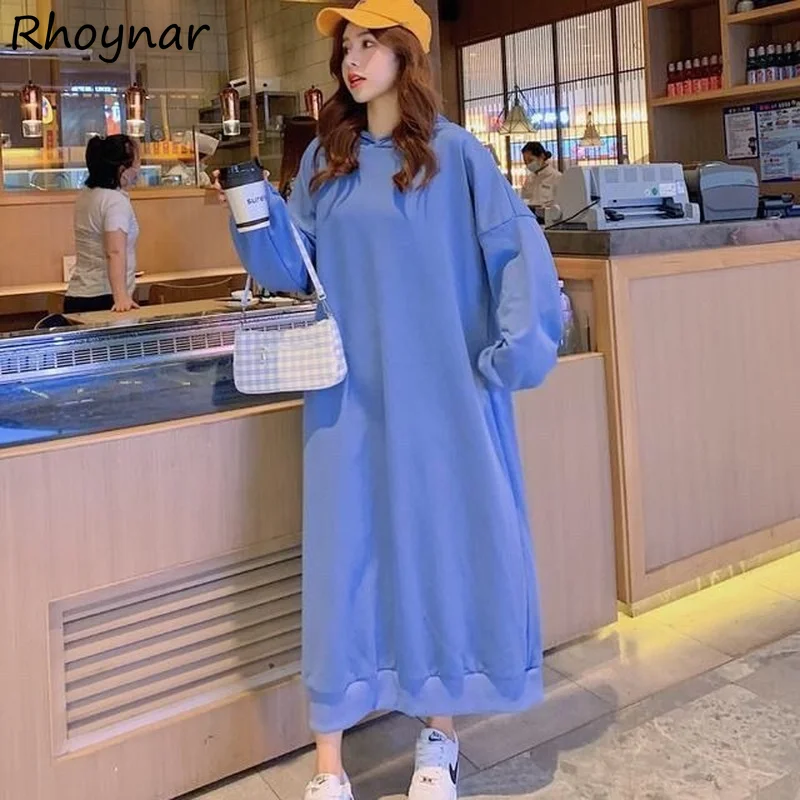 فستان نسائي بقلنسوة بسيط سادة فضفاض للخريف للفتيات Preppy كاجوال فضفاض بأكمام طويلة ملابس للحوامل على الطراز الكوري Ins