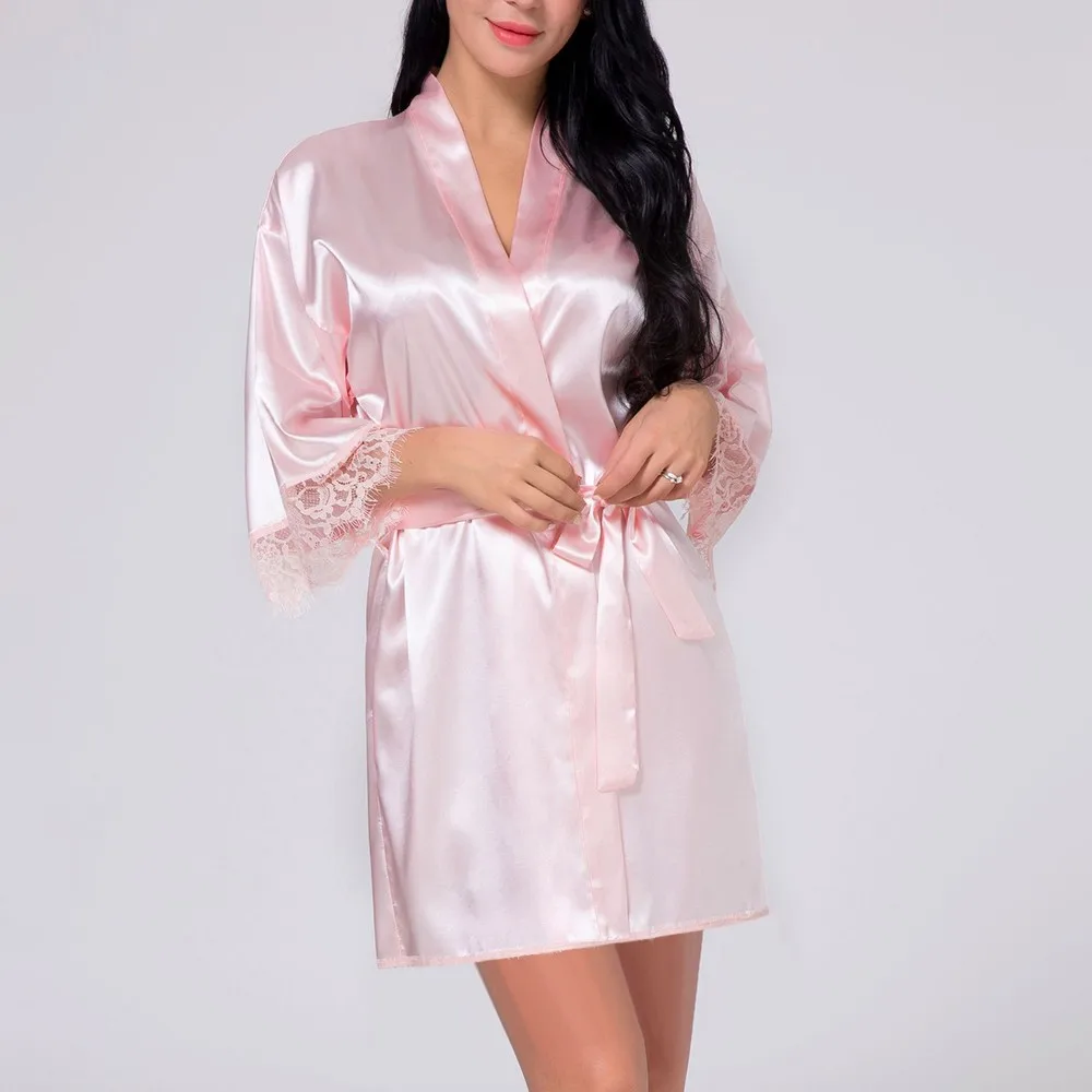 Women Robes Sexy Lace Satin Lingerie Ultra-thin Translucent Nightdress Silky Smooth Nightwear Solid Mini Dress Breath Sleepwear