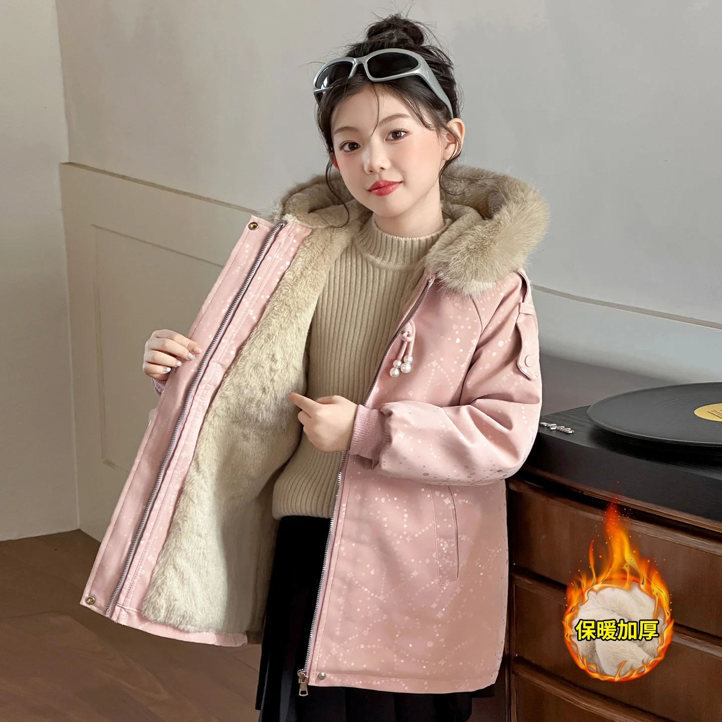 14세 소녀 겨울 반짝이 따뜻한 인조 모피 재킷 레트로 아우터웨어 PU 코트 두꺼운 벨벳 안감 주니어 키즈 오버코트+가방 파카