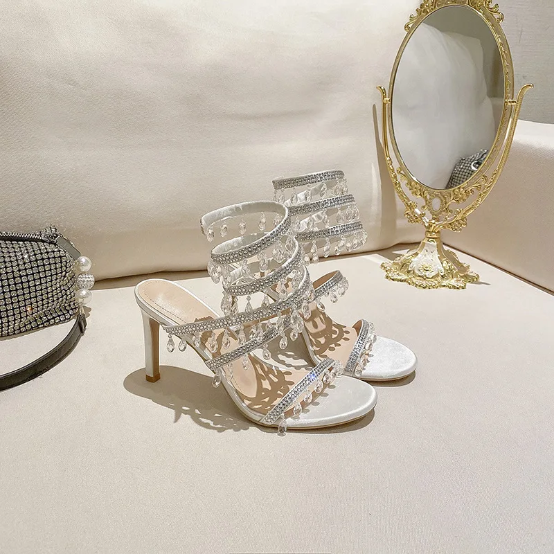Women Sandals Crystal Wrap Summer Wedding Shoes High Heel Party Shoes Ankle Strappy Designer Stiletto Heel