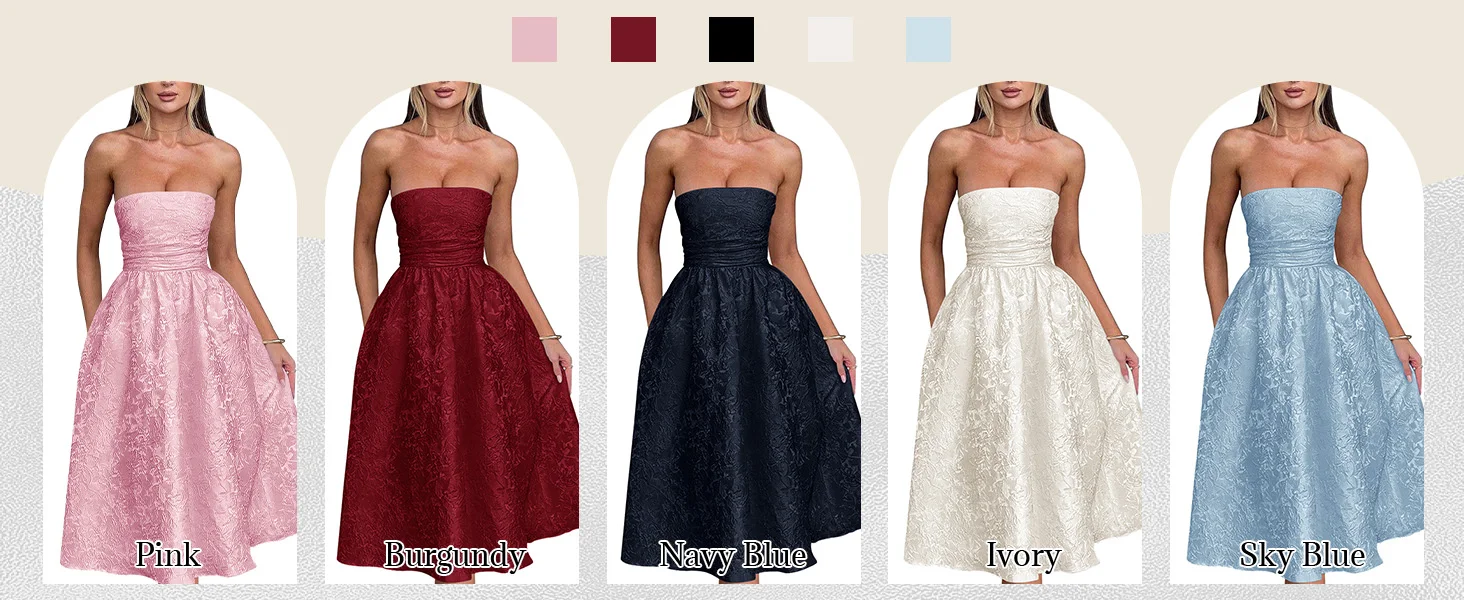Ballkleider aus Jacquard-Satin in Teelänge mit Blumenmuster für Damen, A-Linie, trägerlos, Midi-Korsett, formelles Kleid