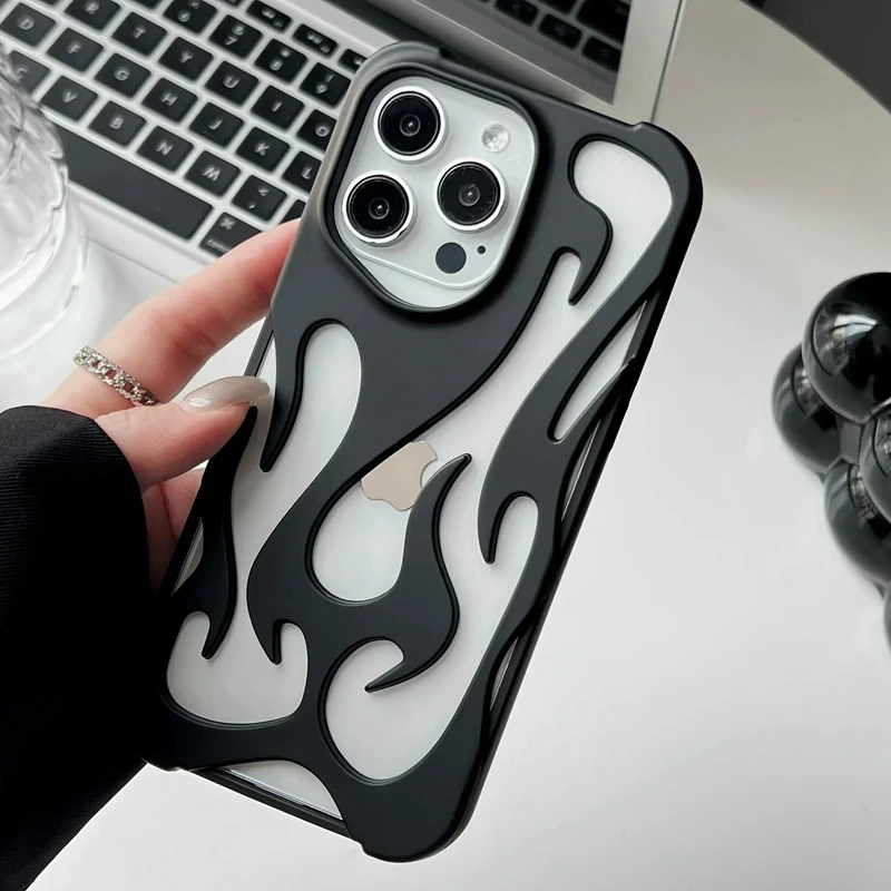 Luxury Matte Hollow Out Flame Phone Case For iPhone 16 17 15 14 13 11 12 Pro Max Plus Air Soft Dissipate Heat Bumper  Back Cover