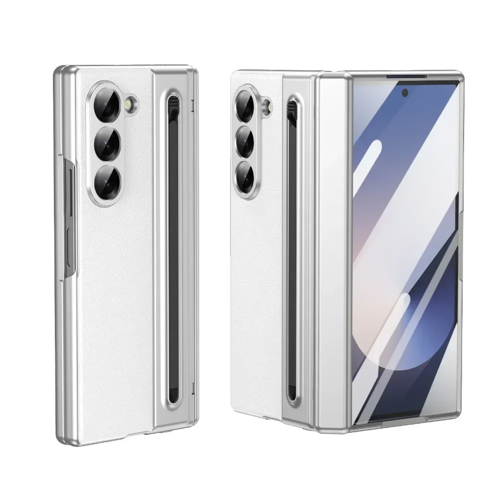 Elegant Leather & Steel Film Phone Case with Hinge Protection – Shockproof Luxury Cover