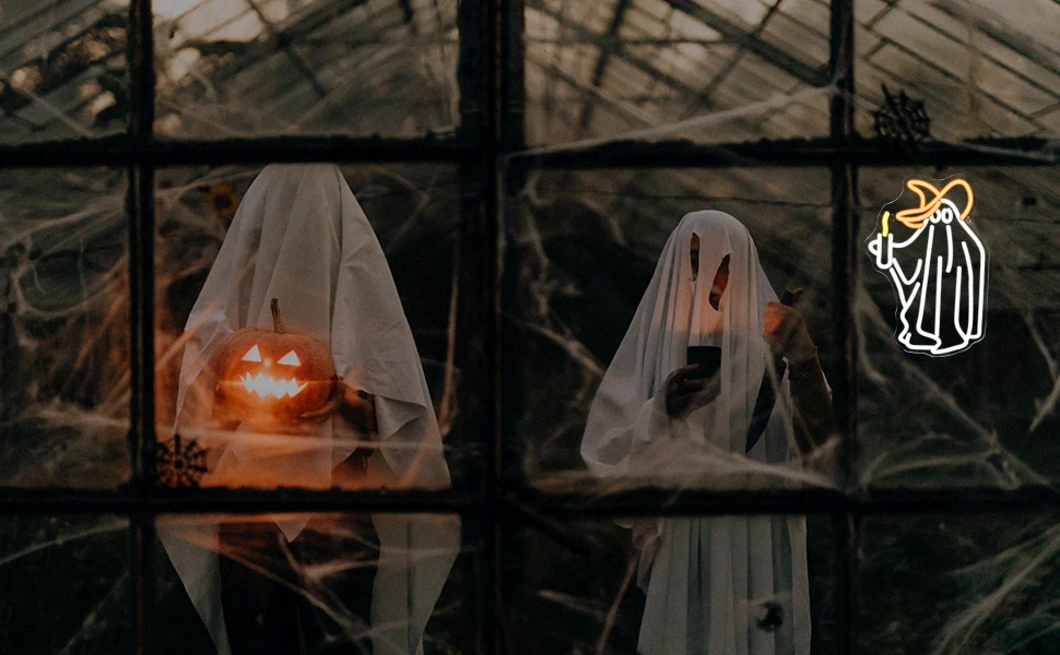 Description Picture 2 of itemMagician Ghost Neon Signs Halloween Decoration Anime Room Decor Dimmable Led Lights For Spooky Festival Party Bar USB Wall Lamp