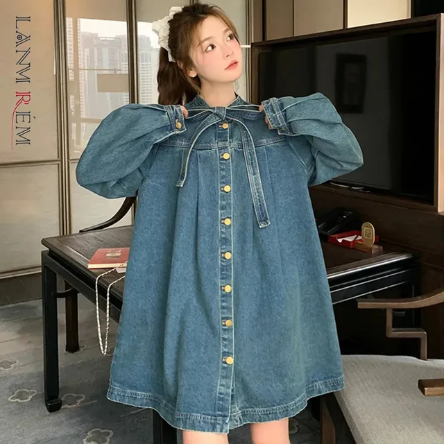 LANMREM Korean Trendy Bowknot Stand Collar Deisgn Denim Dress For Women Signle Breasted Loose Big Size Mini Dresses Chic 2DB4519