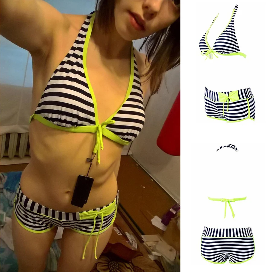 Push Up Halter tankini Bikini Set Swimwear Women Swimsuit Girls Solid Bikini Top Swimming Short Trunks Beach