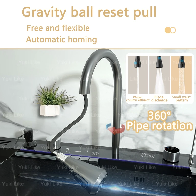 Waterfall Stainless Steel Kitchen Sink Honeycomb Embossed Large Single Slot Digital Display with Knife Holder Wash Basin 3