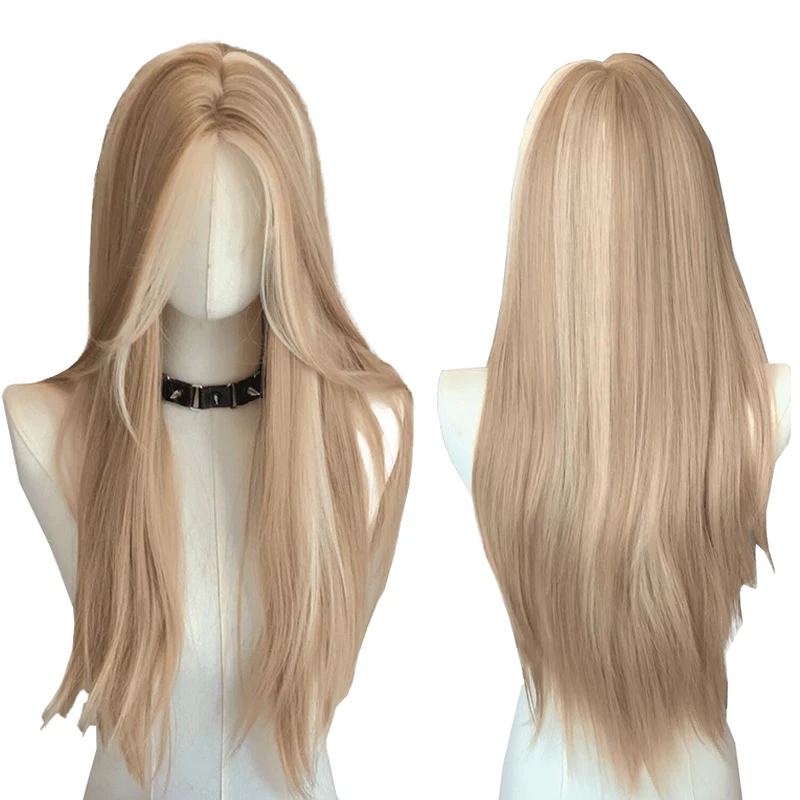 Una parrucca anteriore in pizzo con capelli sintetici lisci da 24 pollici color marrone dorato è adatta per le feste quotidiane delle donne e cosplay di Halloween - immagine 4