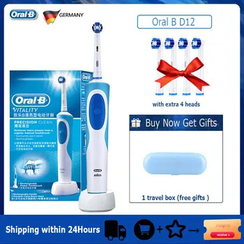 Oral B-D12 회전 활력 스마트 전동 칫솔, 인덕션 충전식 교체 가능한 브러시 헤드, 리필 4 개 + 박스