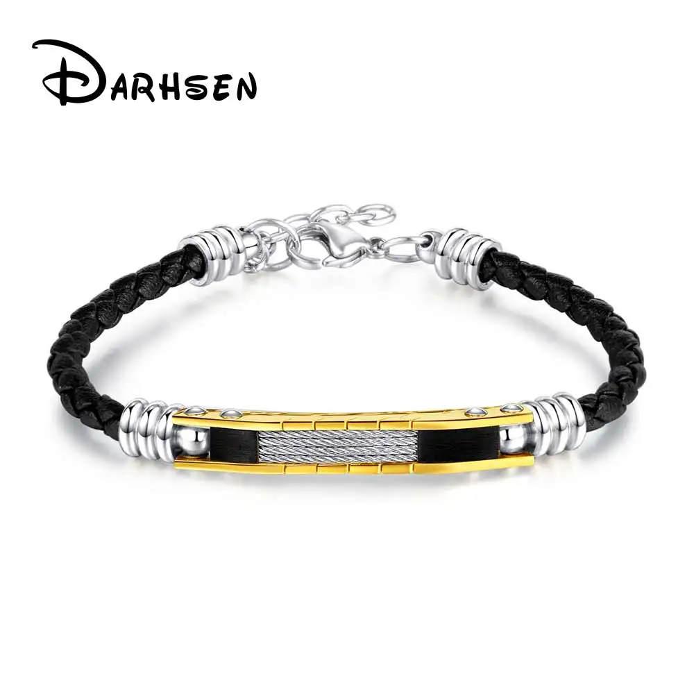 

DARHSEN Men Statement Bracelets Bangle Hand Wristlet Black Leather Fashion Jewelry Stainless Steel Lobster Clasp Buckle