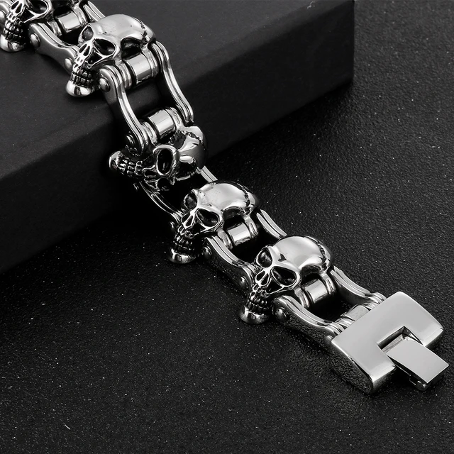 Bracciale Teschio In Acciaio Inox | Uomo | Catena Bicicletta Style | Colore Argento | 97g