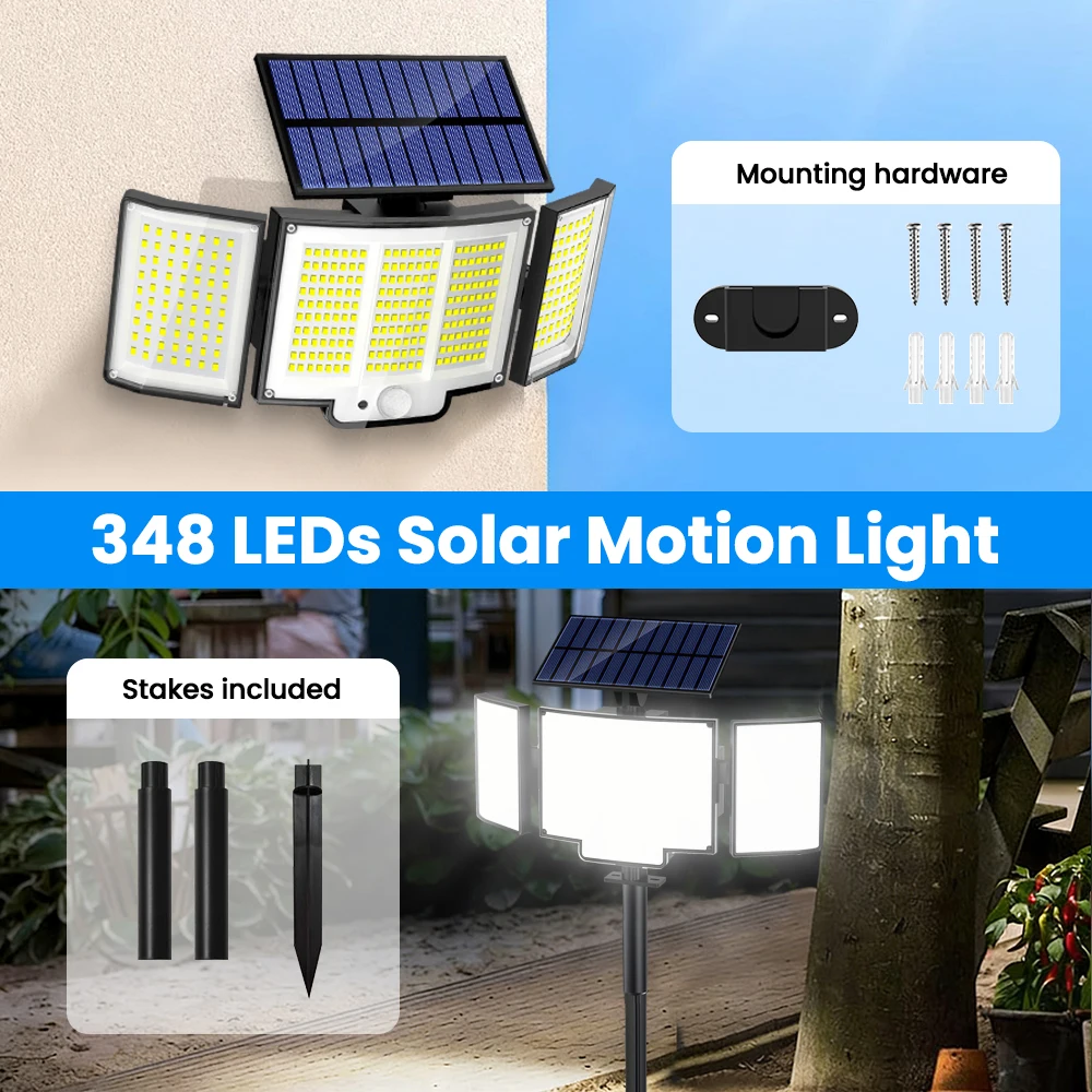 348 LED 야외 태양광 조명 3가지 작동 모드 초고휘도 모션 센서 야외 IP65 방수 투광 벽 보안등 마당 조명