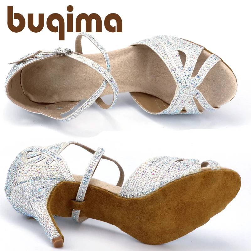 Buqima Rhinestone Latin Dance Shoes Tango Ballroom Dance Shoes Ladies High Heels Soft Sole Women Sandals Wedding Shoes Women