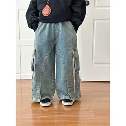 Children Clothing Kids Casual Pants 2024 Spring New Fashionable Korean Style Denim Overalls Boys Girls Vintage Wide-leg Pants