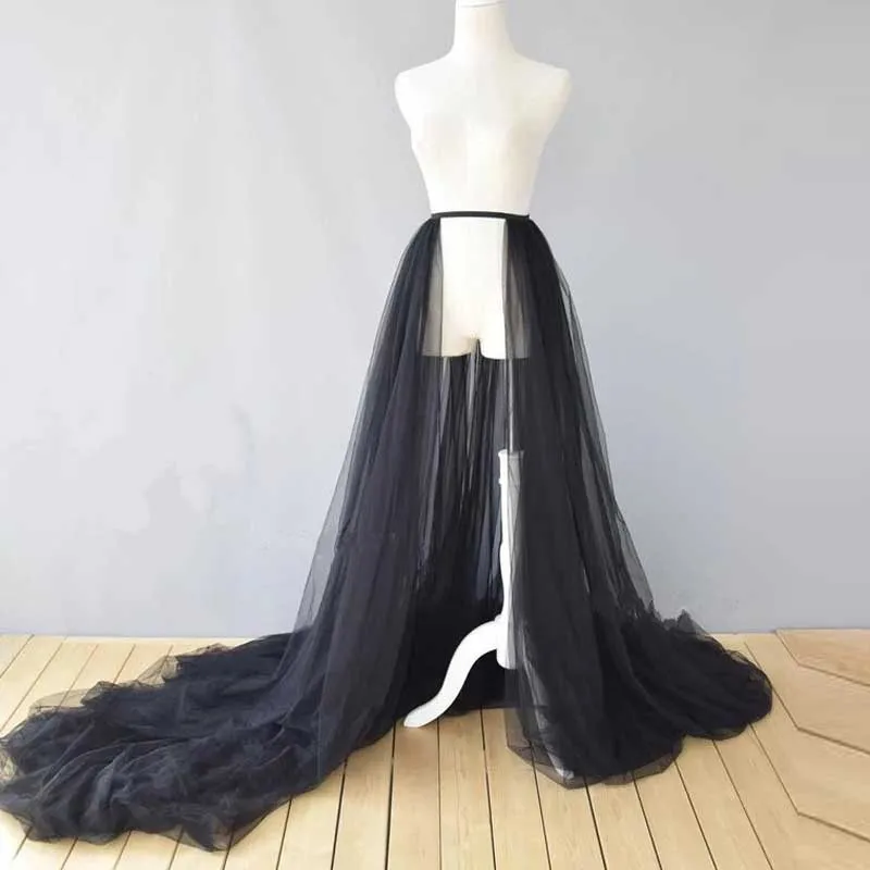 

Elegant Black White Detachable Skirt Long Train Tulle Wedding Overskirts Custom Made Overlay Elastic Waist 5 Layers Tutu Women
