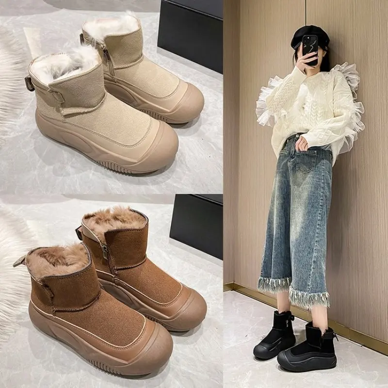 Handmade Women Shoes Retro Flat Casual Shoes Heel Lace-up Genuine Leather Plus Velvet Thickened Warm Winter Short Boots Sneakers