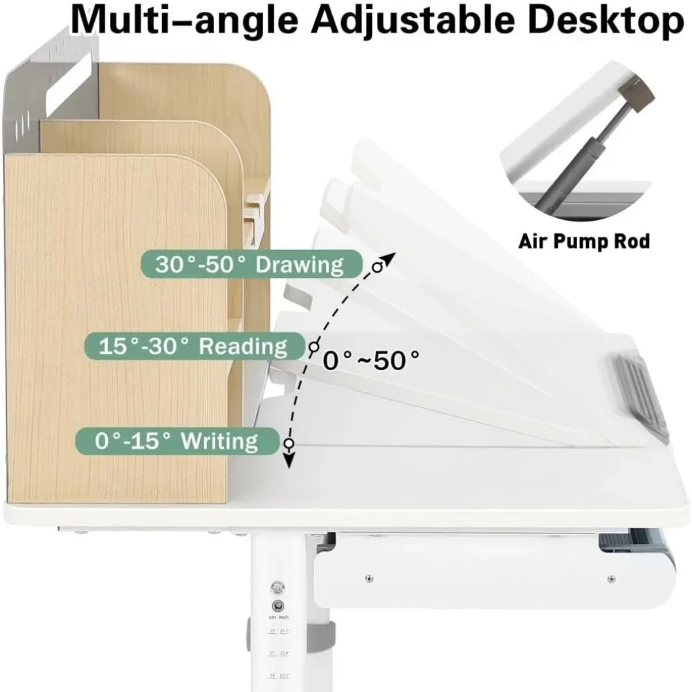 39in Wide Adjustable Height Kids Desk with Tilting Desktop, Steel Frame, Drawer, and Bookshelf Hutch, Study Child Table 4