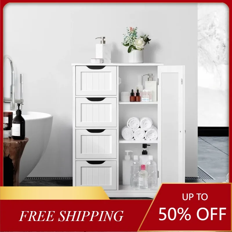 

Alden Design Wooden Bathroom Storage Cabinet with 4 Drawers & Cupboard, White