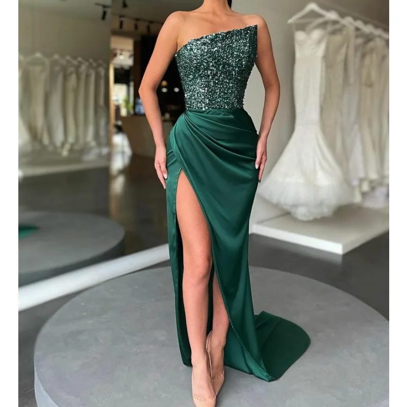 

2023 New Sequined Classic Prom Dress Women Luxurious Evening Party Dresses Strapless Sleeveless Mermaid Chiffon Floor-Length