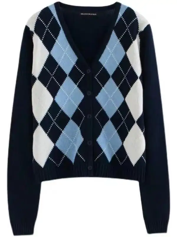 American Retro V-Ne Diamond id Long Sve ort Knitted Cardigan Women's Sweater Coat Early Autumn New Single Button Sle