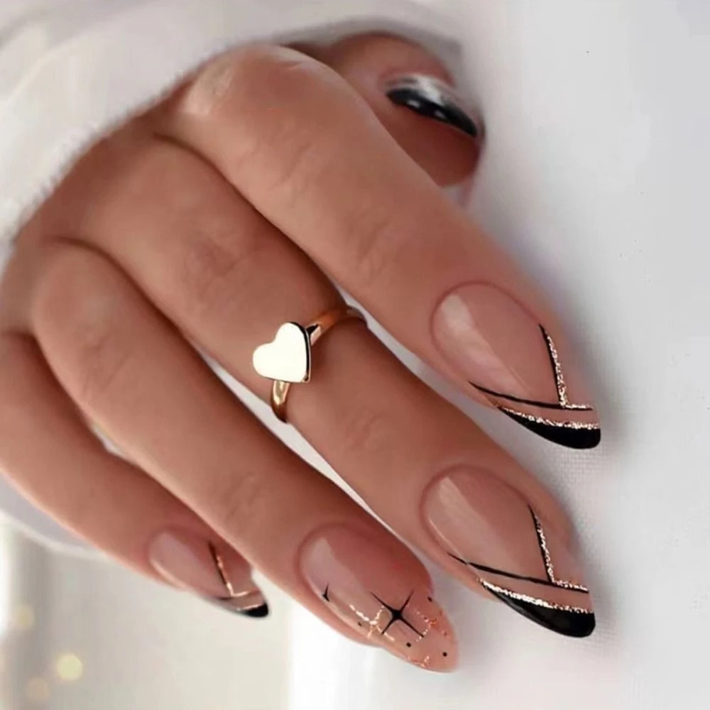 Uñas postizas de Stiletto, cobertura total de puntas de uñas, almendra, con  línea de corazones dorados, prensar, cubierta completa, punta de uñas| | -  AliExpress