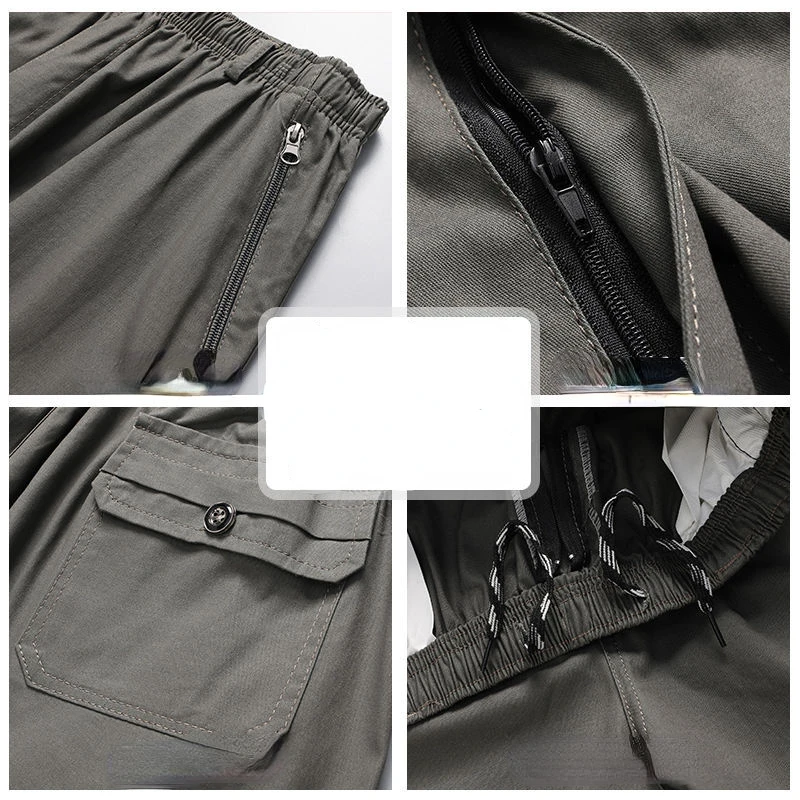 Men's Summer Shorts Cargo Pants Thin Cotton Middle-aged Casual Large Size Knee Length Multi-pocket Zipper Elastic Waist Shorts