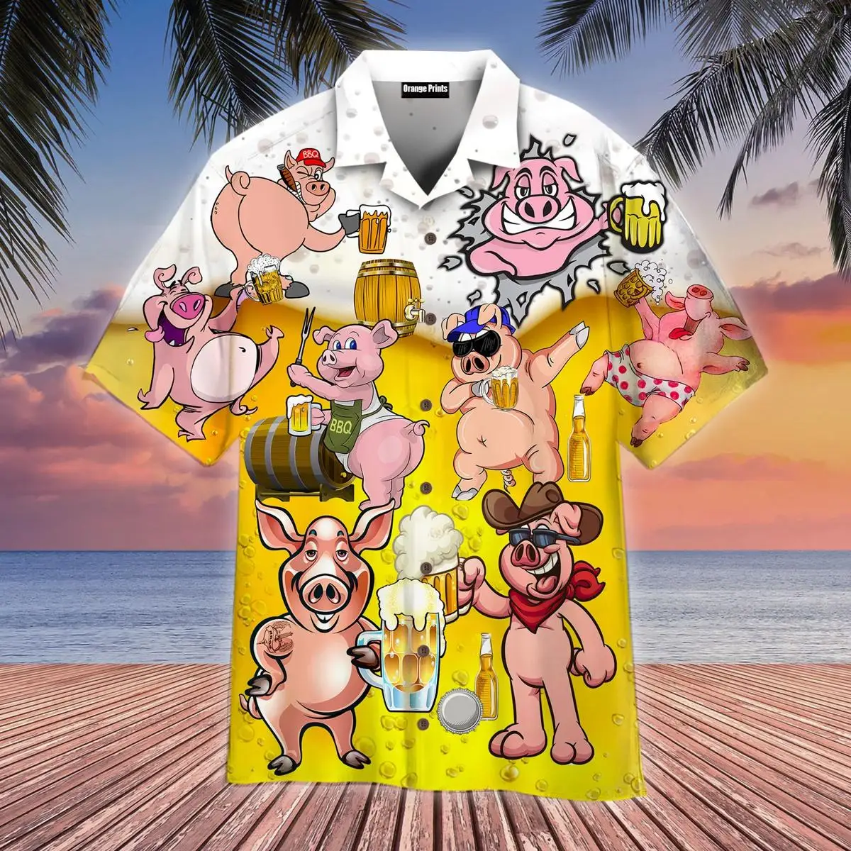 New Hawaiian Shirts for Men Funny Pigs Print Beer Pigs Hawaii Summer Vacation Cool Tops Cuban Collar US Size for Men Party Wea