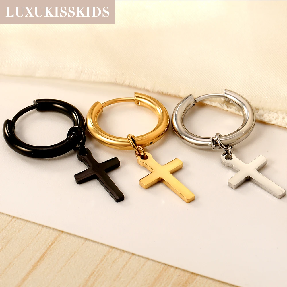 LUXUKISSKIDS Punk Woman/Men Cross Earrings Stainless Steel Religion Hanging Drop Earing Round Crosses Pendients Minimalist Clip