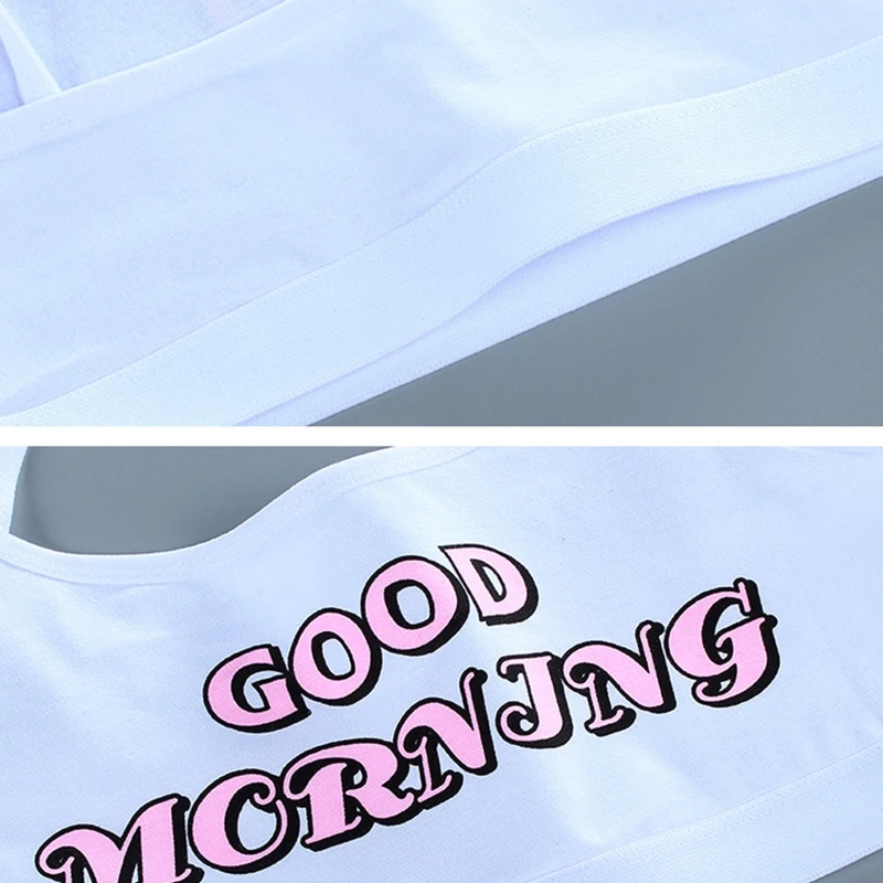 Teen Young Girls Sports Underwear Set Cute Good Morning Letters Print No  Padded Cami Training Bra and Hipster Panties