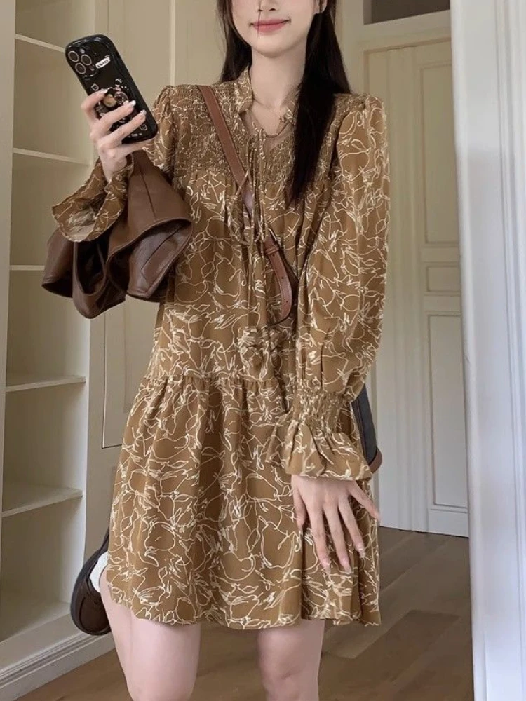 

Deeptown Y2k Vintage Brown Floral Dress Women Korean Fashion Ruffle Long Sleeve Mini Dresses Beach Style Holiday Vestidos Autumn