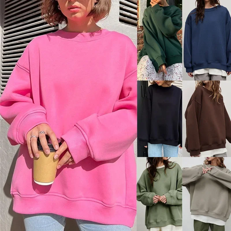 

2023 Autumn Winter Women Fashion Loose Round Neck Fleece Sweatshirts & Hoodie Female Solid Color Casual Top Pullover